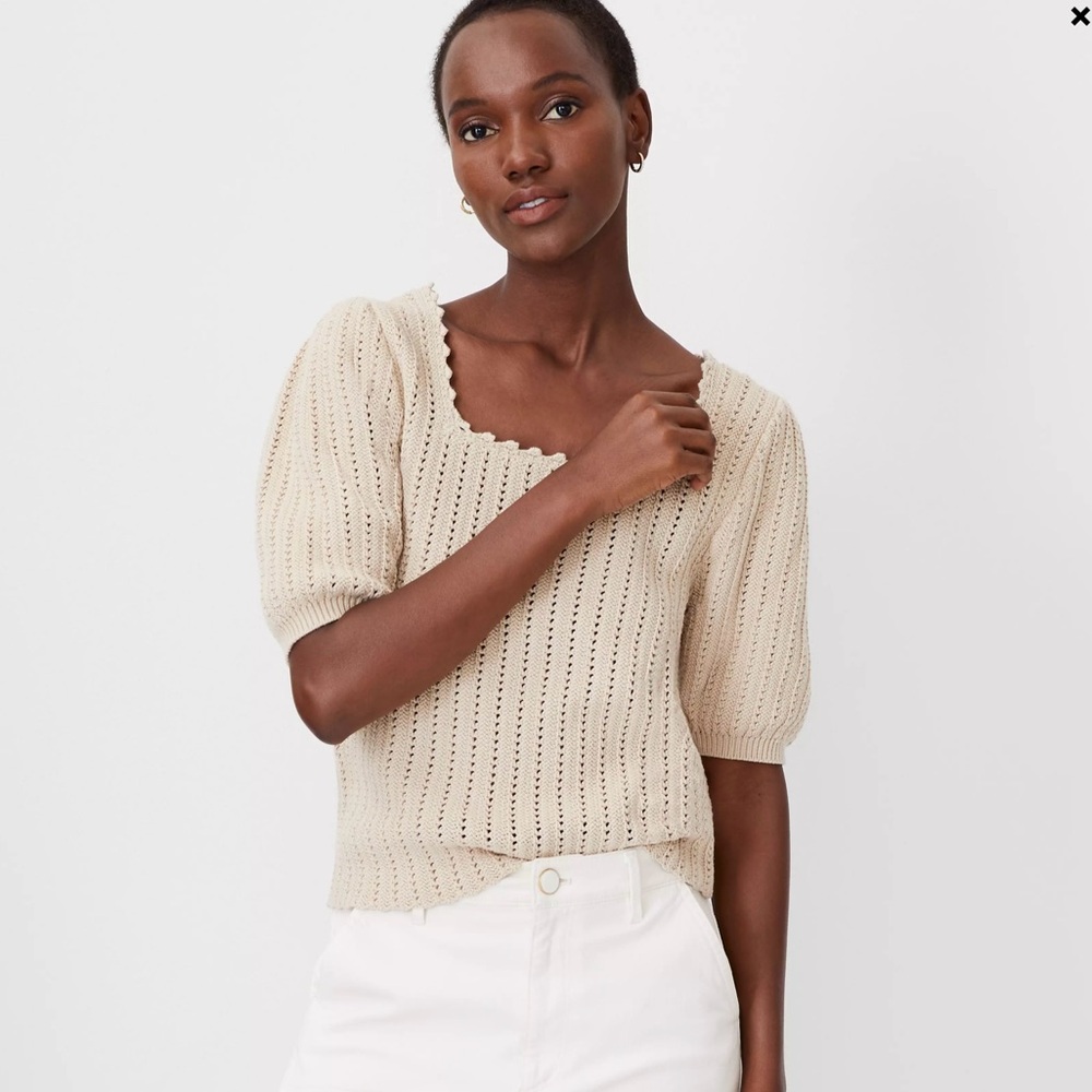 NWT Ann Taylor Crochet Square Neck Puff Sleeve Sweater Size L